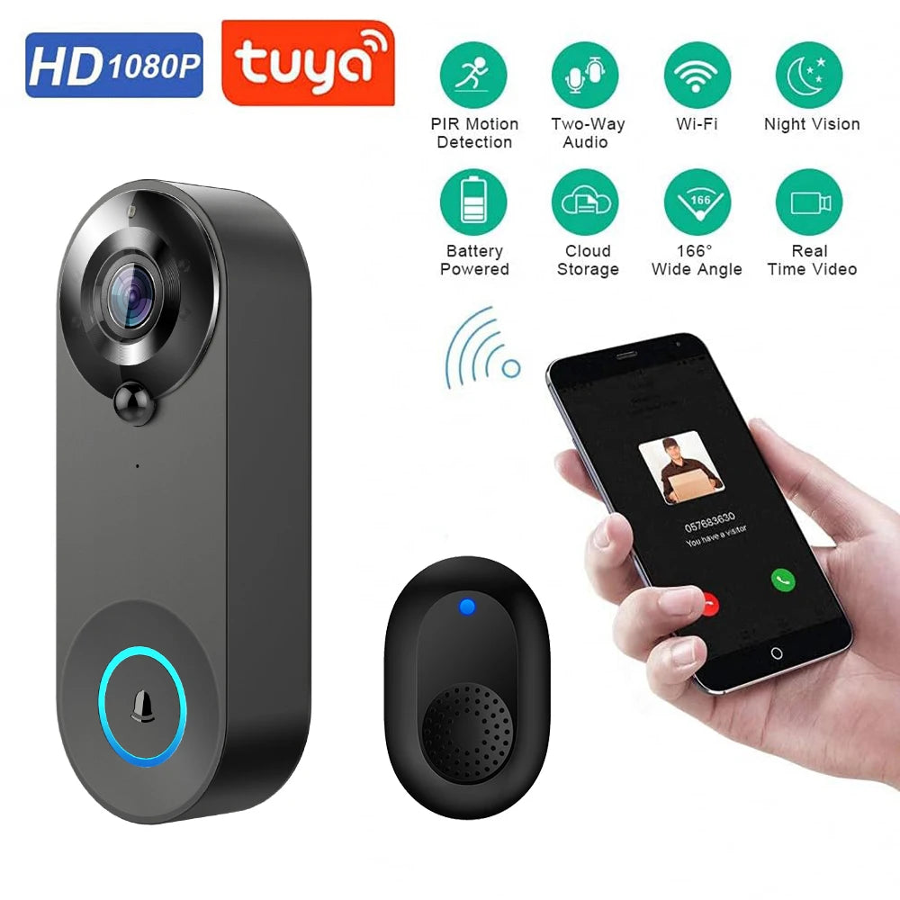Sonnette vidéo WiFi 1080p — Détection de mouvement, vision nocturne
