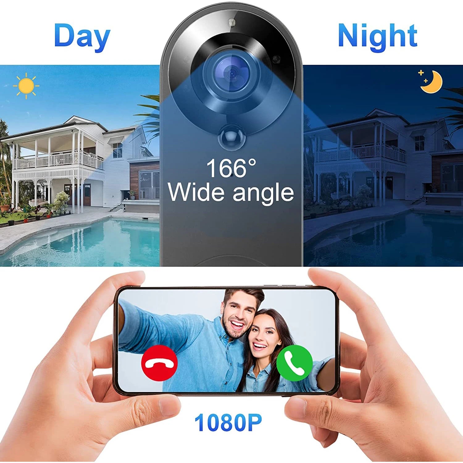 Sonnette vidéo WiFi 1080p — Détection de mouvement, vision nocturne